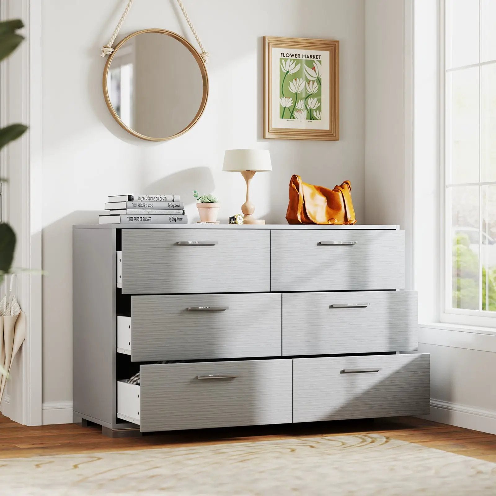 6 Drawer Storage Cabinet with Metal Legs Handles with Anti-Toppling Devices-Grey by DirectDeals