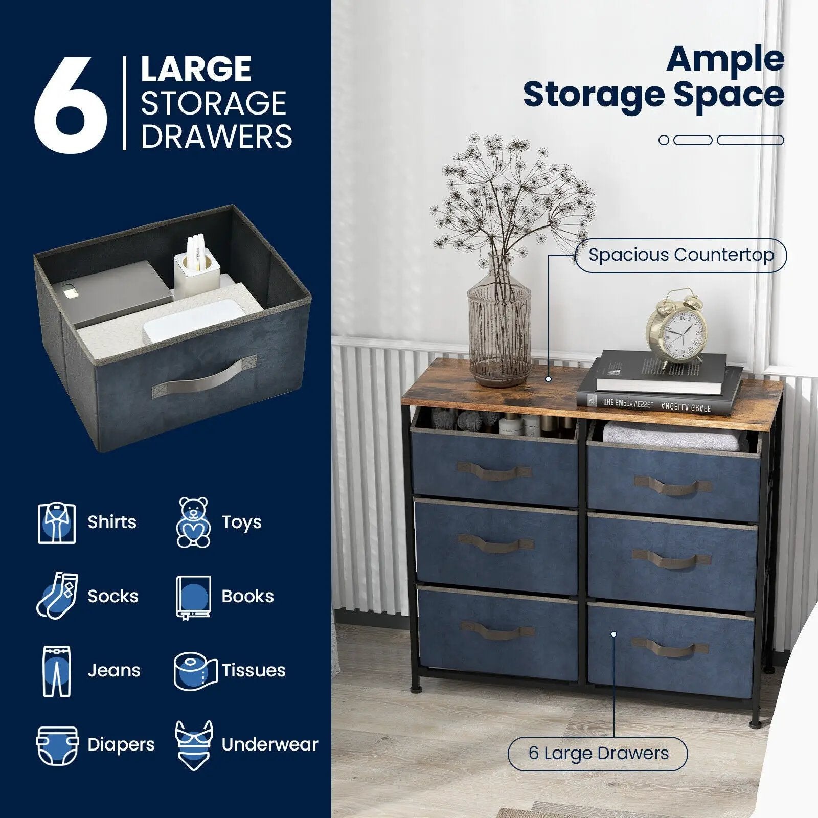 6-Drawer Dresser with Metal Frame and Anti-toppling Devices-Rustic Brown by DirectDeals