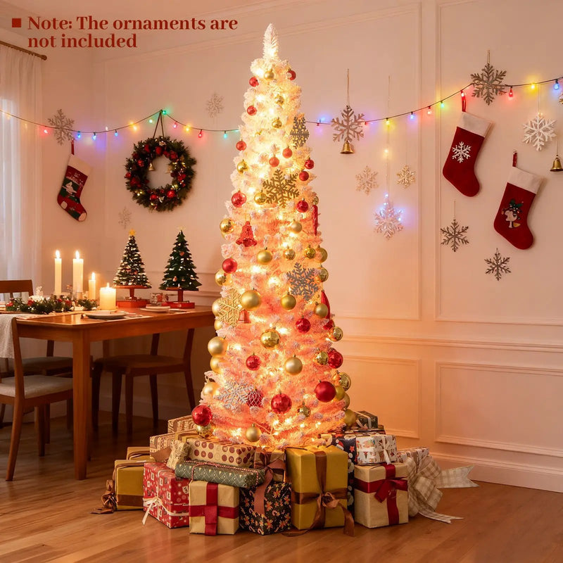 6 FTSnow-flocked Artificial Pink Christmas Tree Pre-lit Hinged Xmas Tree for Holiday Decoration by DirectDeals