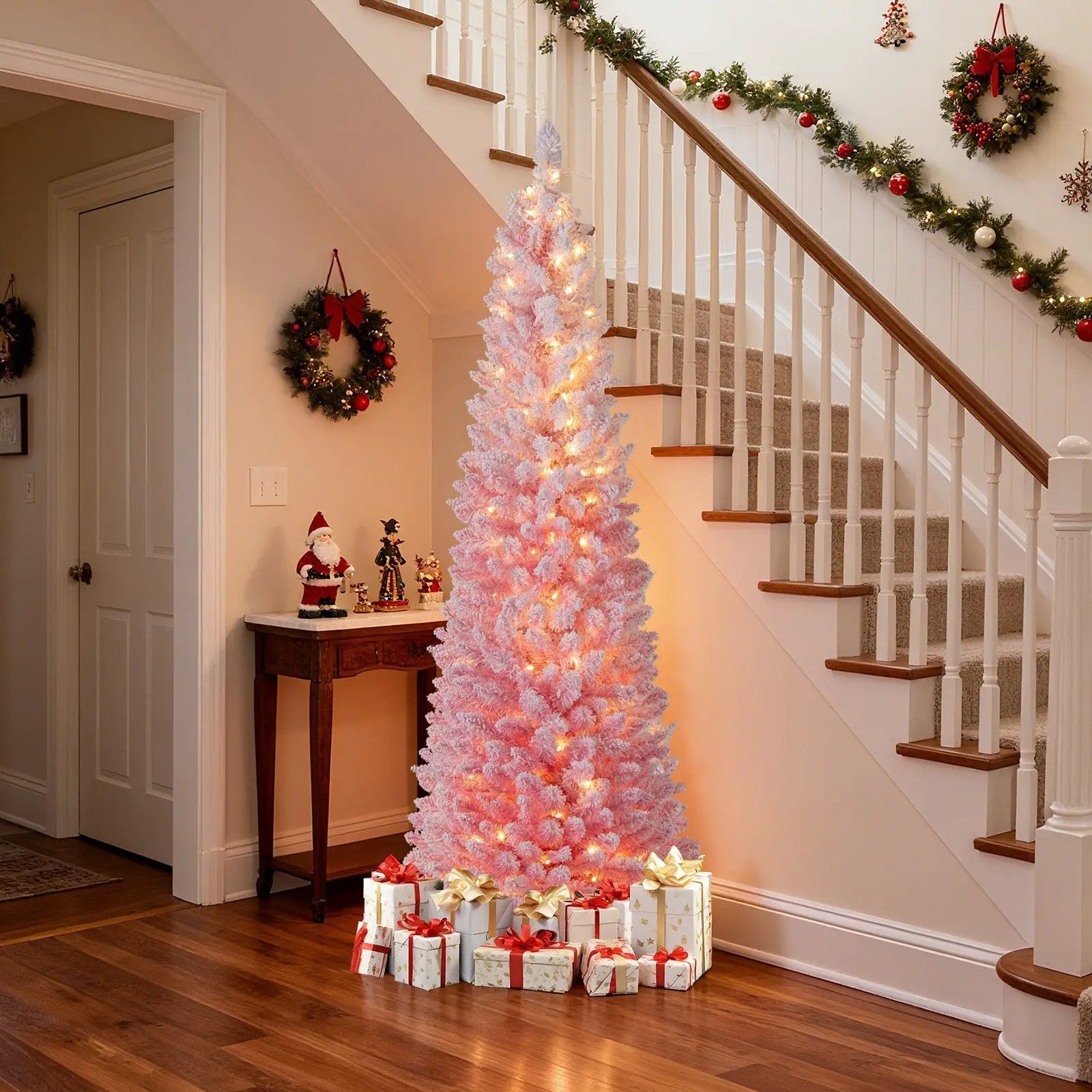 6 FTSnow-flocked Artificial Pink Christmas Tree Pre-lit Hinged Xmas Tree for Holiday Decoration by DirectDeals