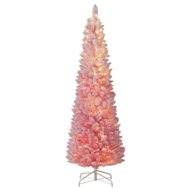 6 FTSnow-flocked Artificial Pink Christmas Tree Pre-lit Hinged Xmas Tree for Holiday Decoration by DirectDeals