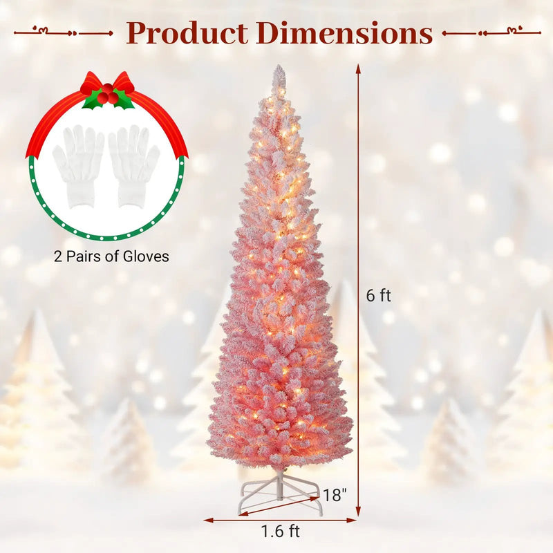 6 FTSnow-flocked Artificial Pink Christmas Tree Pre-lit Hinged Xmas Tree for Holiday Decoration by DirectDeals