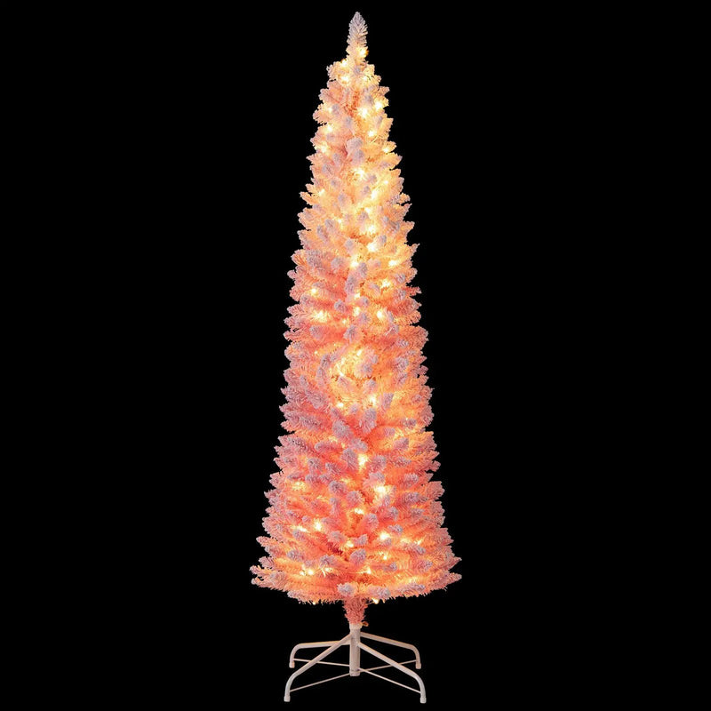 6 FTSnow-flocked Artificial Pink Christmas Tree Pre-lit Hinged Xmas Tree for Holiday Decoration by DirectDeals