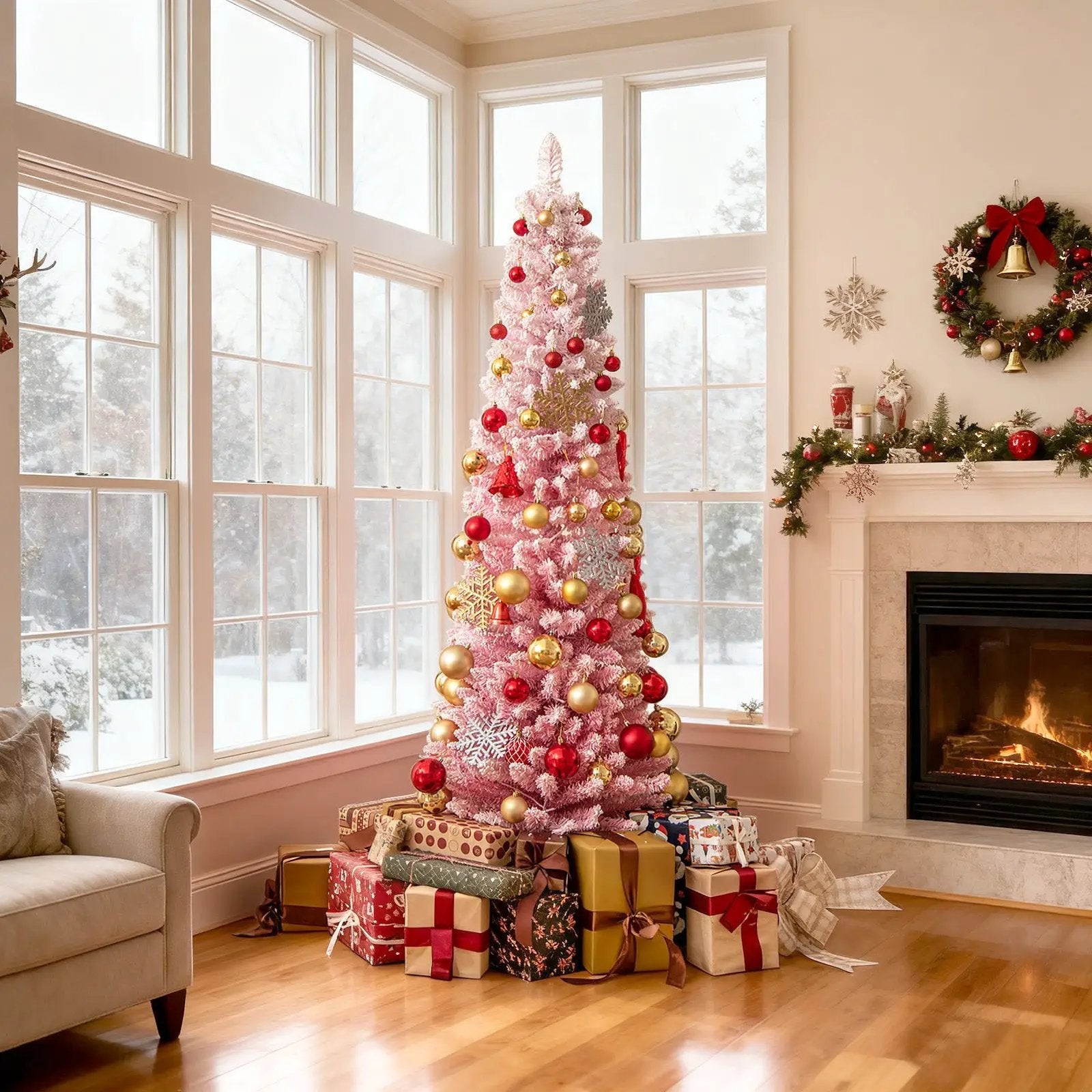 6 FTSnow-flocked Artificial Pink Christmas Tree Pre-lit Hinged Xmas Tree for Holiday Decoration by DirectDeals