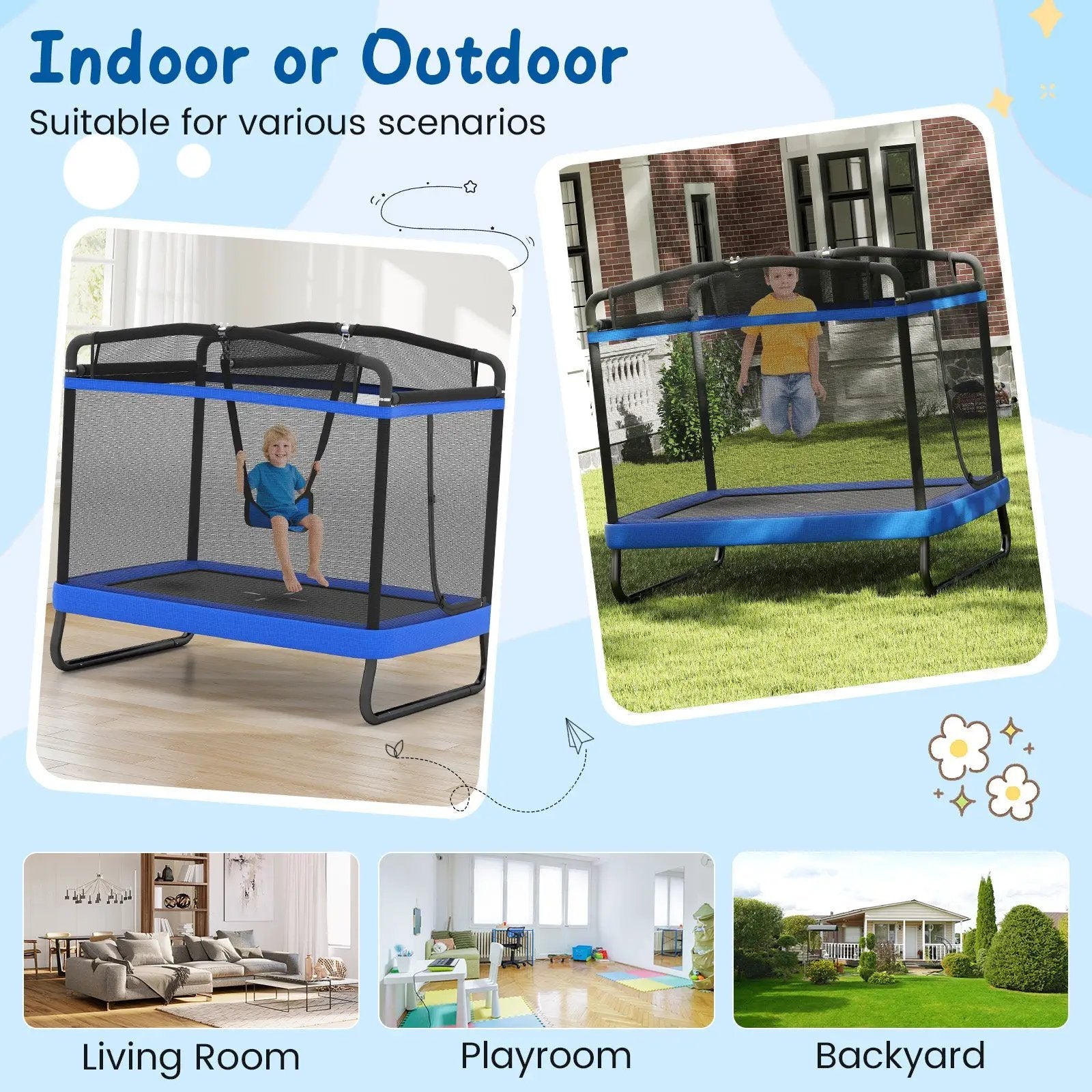 6 FT Kids Trampoline with Swing and Horizontal Bar Small Rectangle Trampoline by DirectDeals