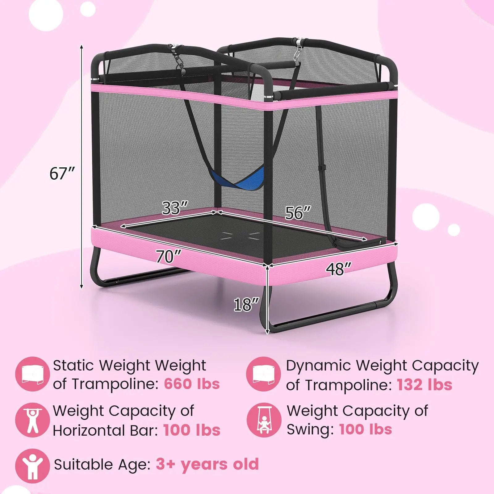 6 FT Kids Trampoline with Swing and Horizontal Bar Small Rectangle Trampoline by DirectDeals