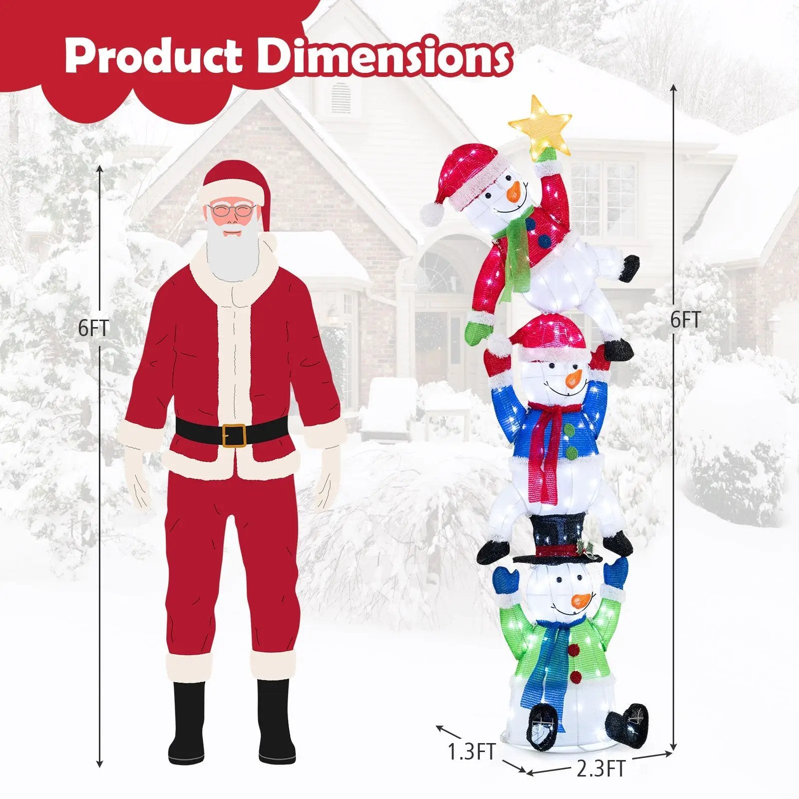 6 FT Pre-Lit Stacked Snowman Set with 155 LED Lights and Ground Stakes by DirectDeals
