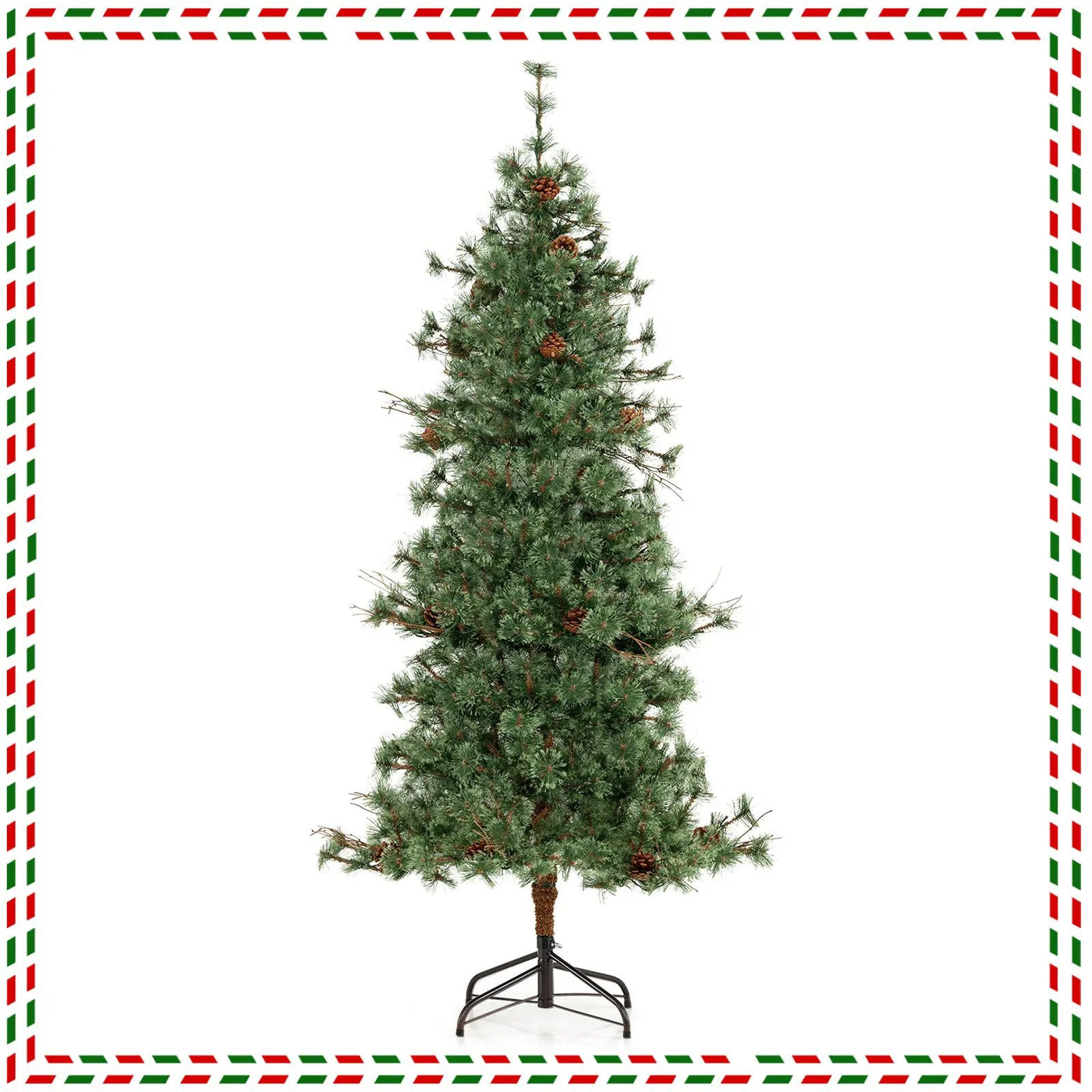 6/7/8 Feet Artificial Christmas Tree Pre-lit Hinged Xmas Tree with Warm White LED Lights and Pine Cones by DirectDeals