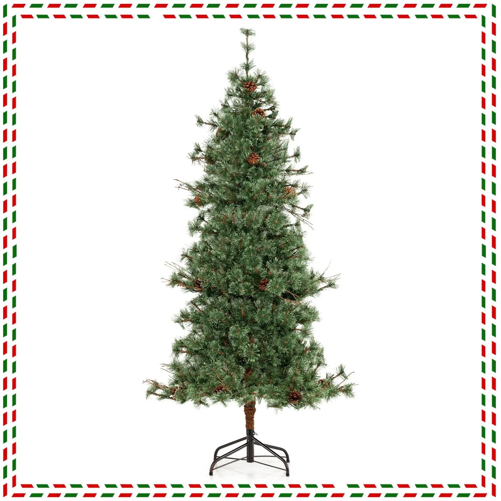 6/7/8 Feet Artificial Christmas Tree Pre-lit Hinged Xmas Tree with Warm White LED Lights and Pine Cones by DirectDeals