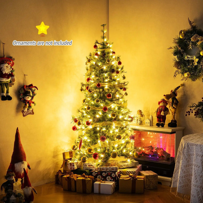 6/7/8 Feet Artificial Christmas Tree Pre-lit Hinged Xmas Tree with Warm White LED Lights and Pine Cones by DirectDeals