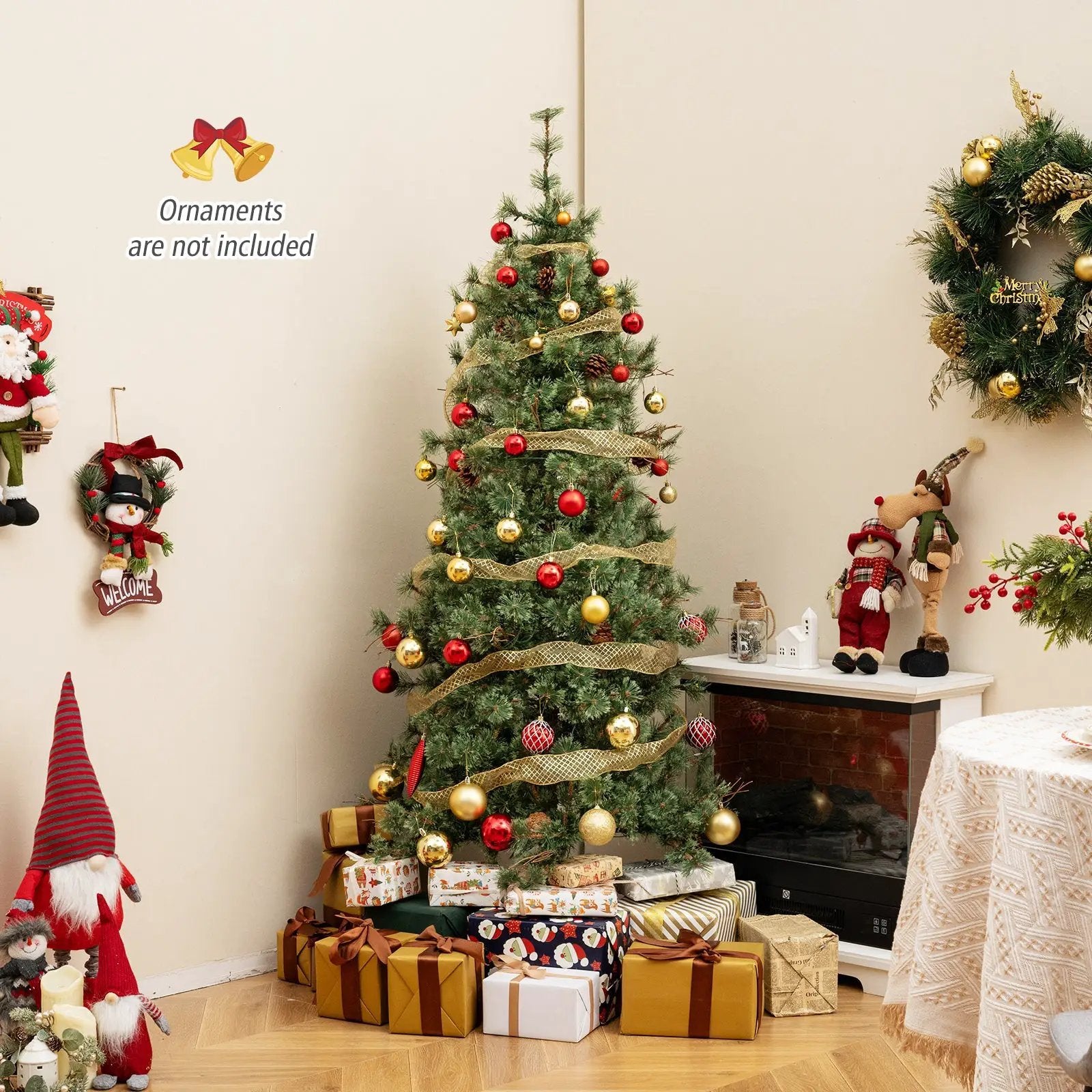 6/7/8 Feet Artificial Christmas Tree Pre-lit Hinged Xmas Tree with Warm White LED Lights and Pine Cones by DirectDeals