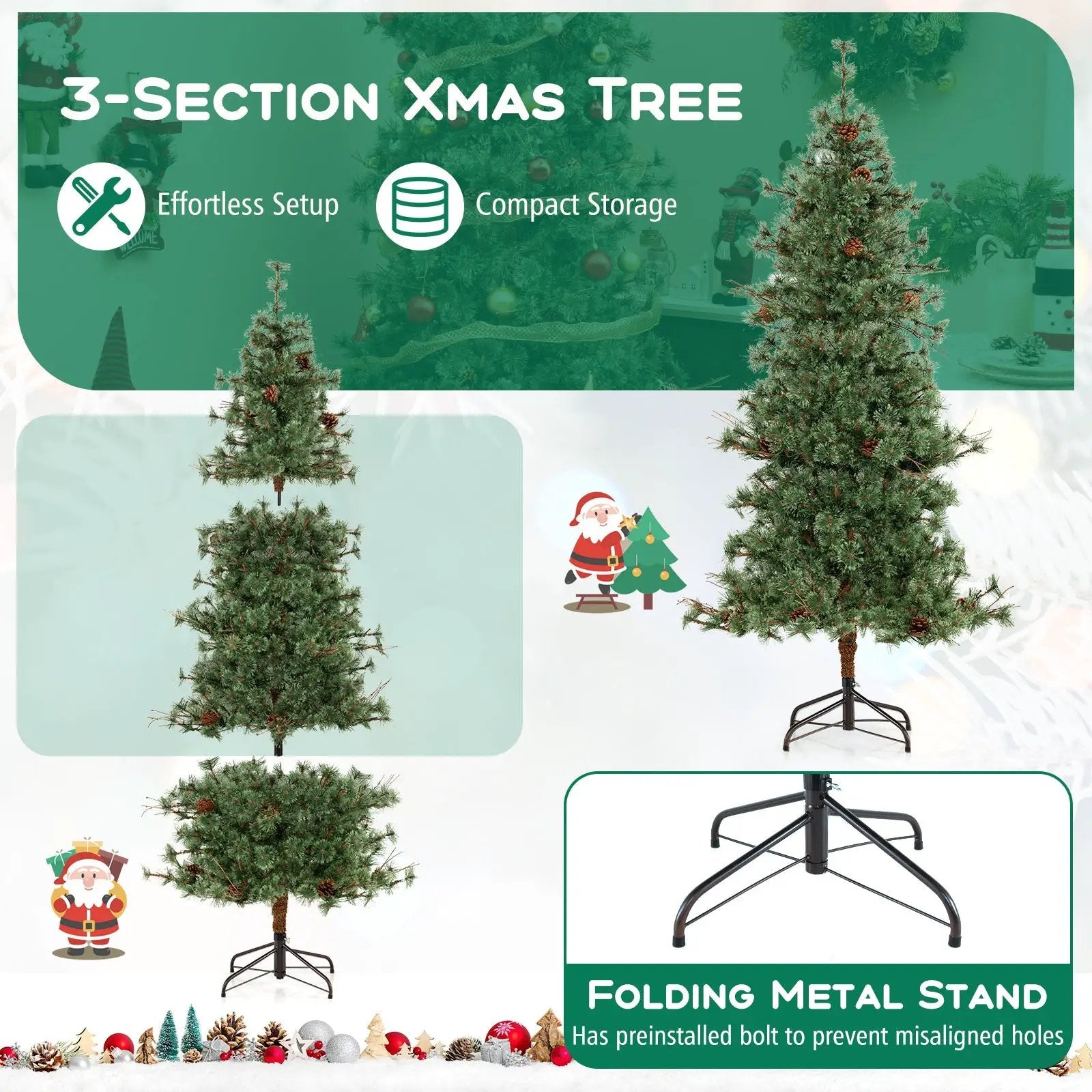 6/7/8 Feet Artificial Christmas Tree Pre-lit Hinged Xmas Tree with Warm White LED Lights and Pine Cones by DirectDeals