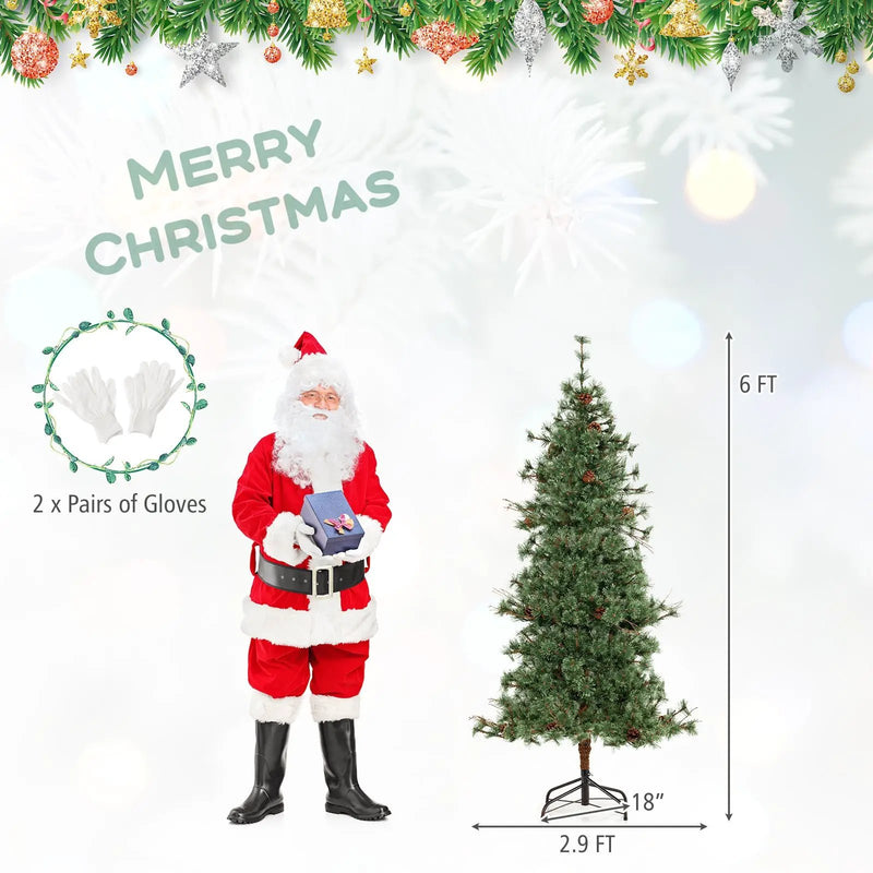 6/7/8 Feet Artificial Christmas Tree Pre-lit Hinged Xmas Tree with Warm White LED Lights and Pine Cones by DirectDeals