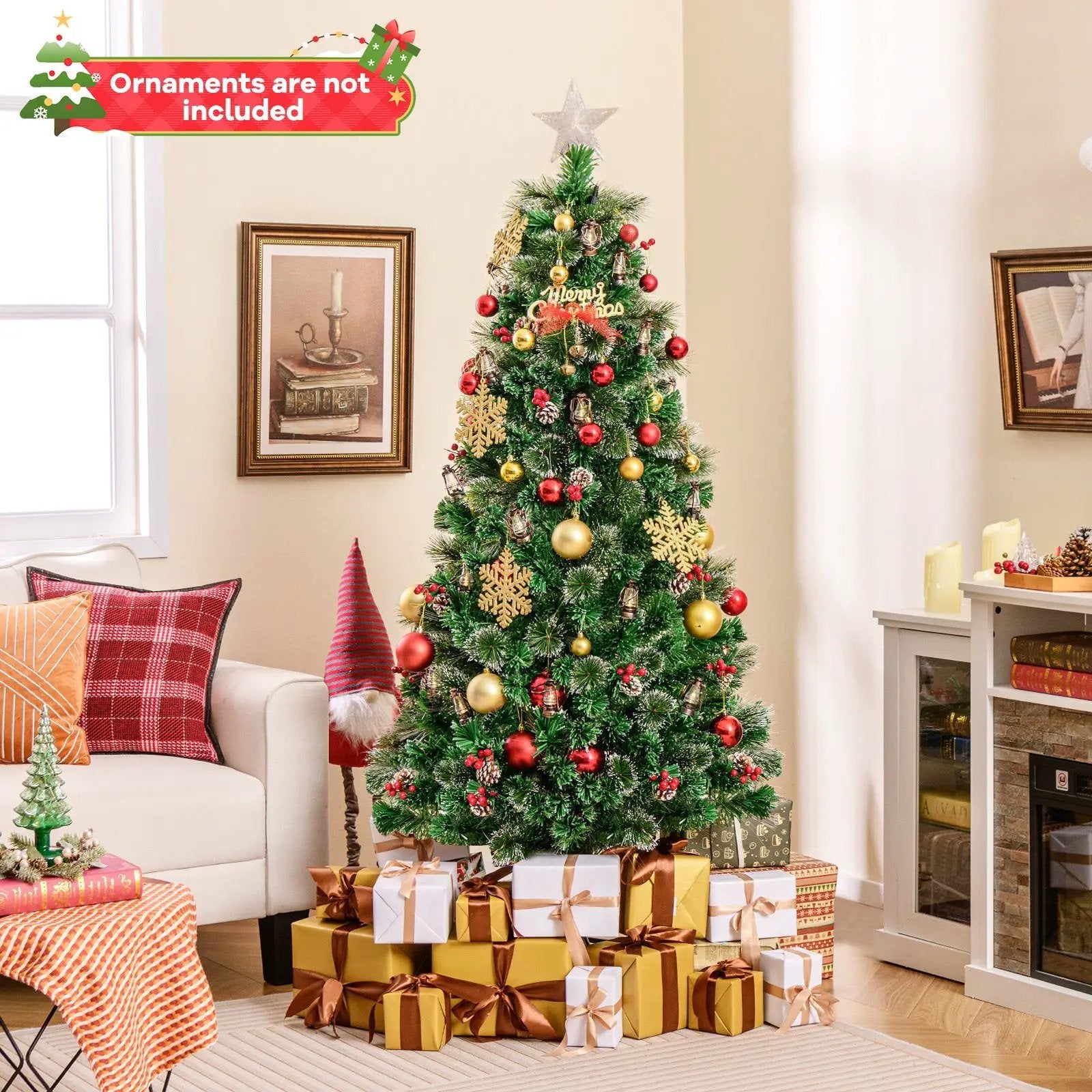 5/6/7 Feet Artificial Christmas Tree with Red Berries and Kerosene Lamps by DirectDeals