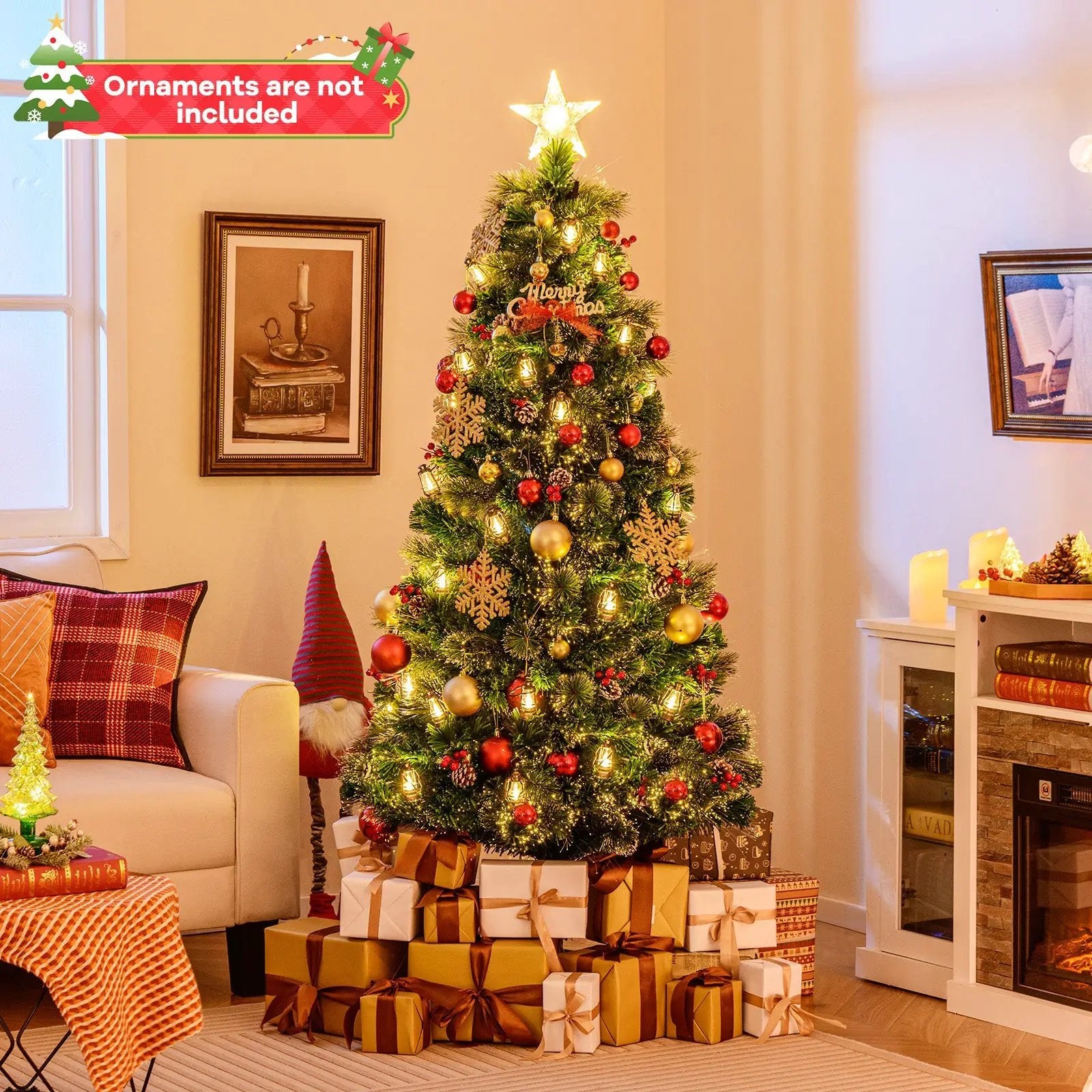 5/6/7 Feet Artificial Christmas Tree with Red Berries and Kerosene Lamps by DirectDeals
