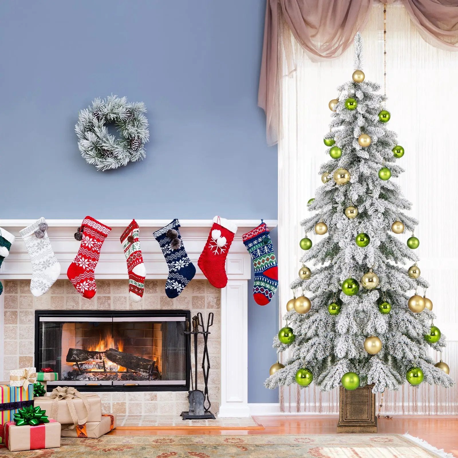 6 Feet Artificial Xmas Tree with 589 Flocked Branch Tips and 48 Xmas Balls by DirectDeals