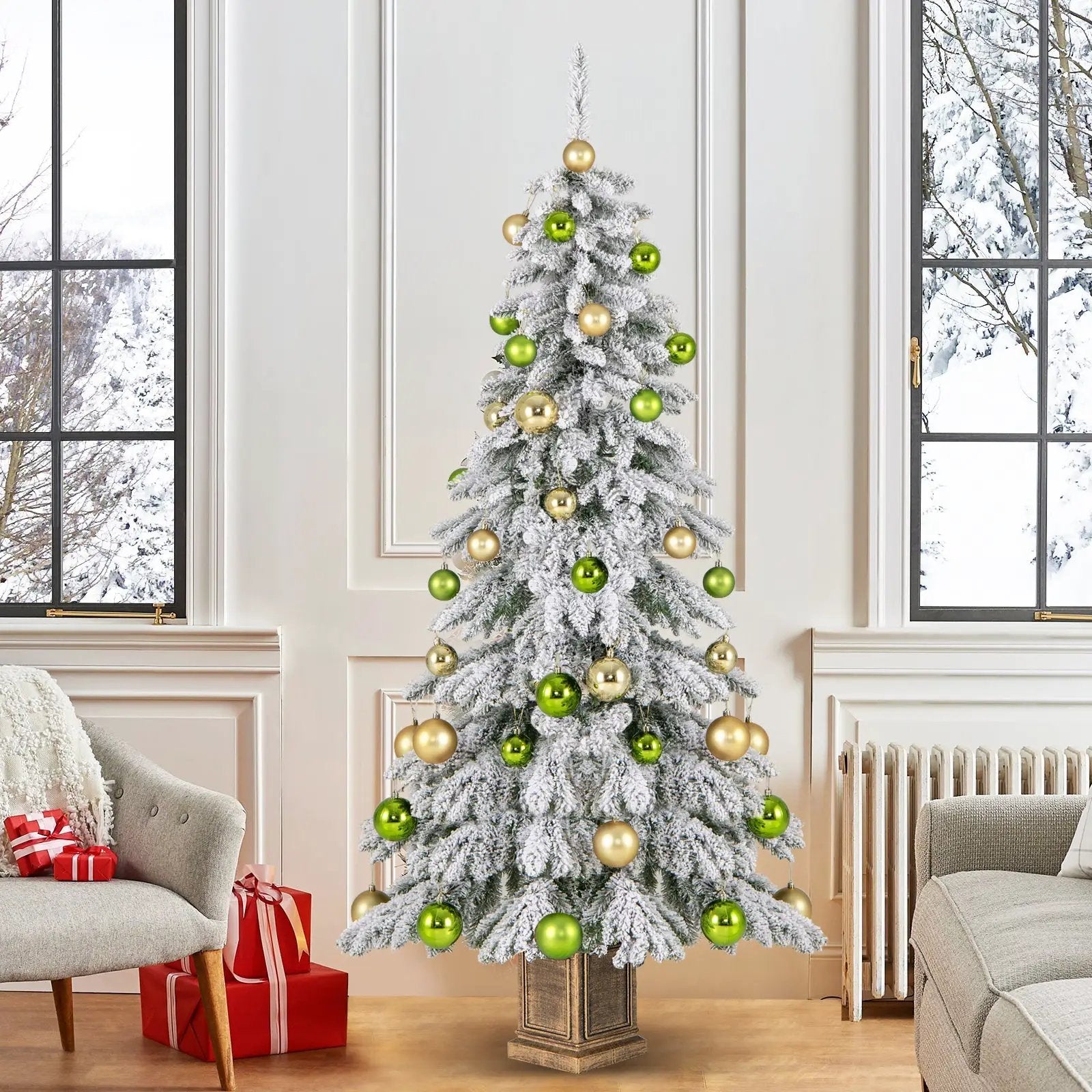 6 Feet Artificial Xmas Tree with 589 Flocked Branch Tips and 48 Xmas Balls by DirectDeals