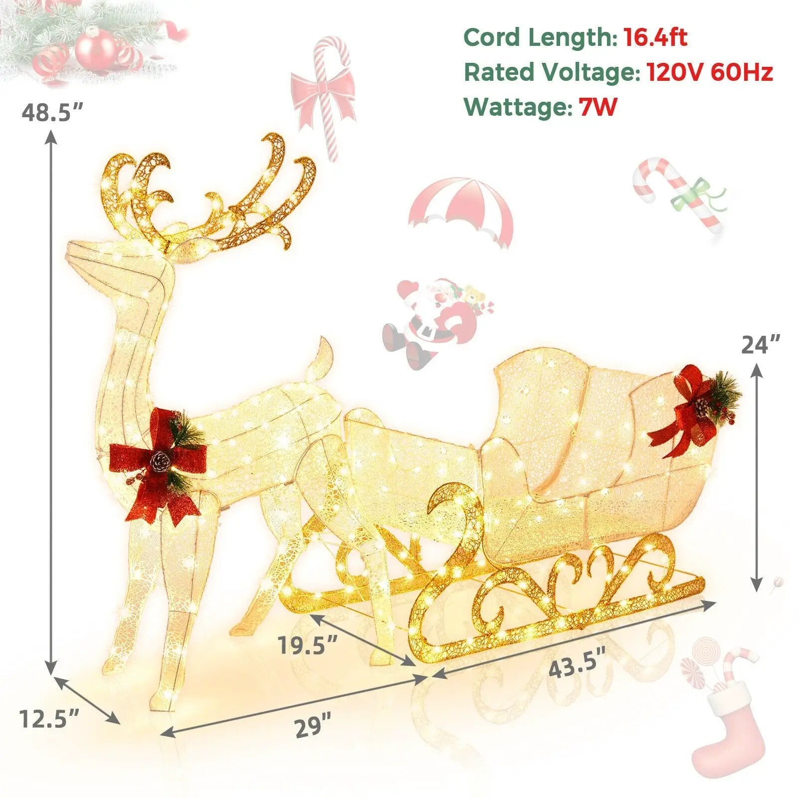 6 Feet Christmas Lighted Reindeer and Santa's Sleigh Decoration with 4 Stakes by DirectDeals