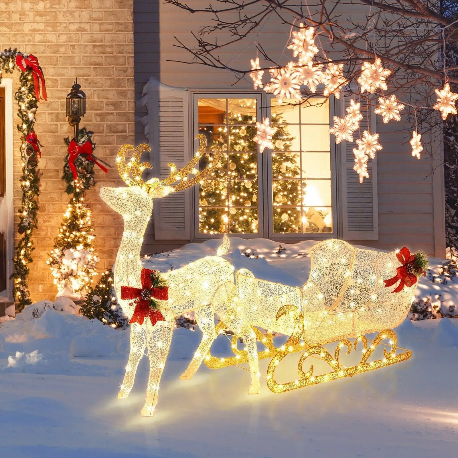 6 Feet Christmas Lighted Reindeer and Santa's Sleigh Decoration with 4 Stakes by DirectDeals