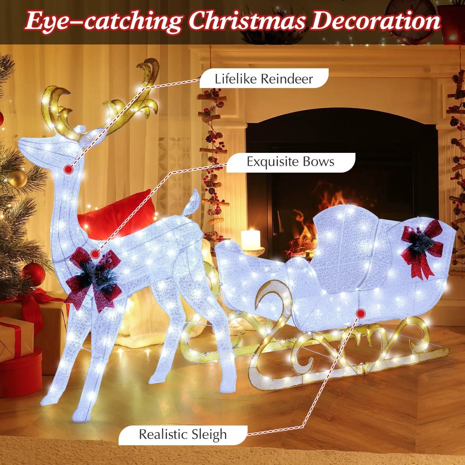 6 Feet Christmas Lighted Reindeer and Santa's Sleigh Decoration with 4 Stakes by DirectDeals