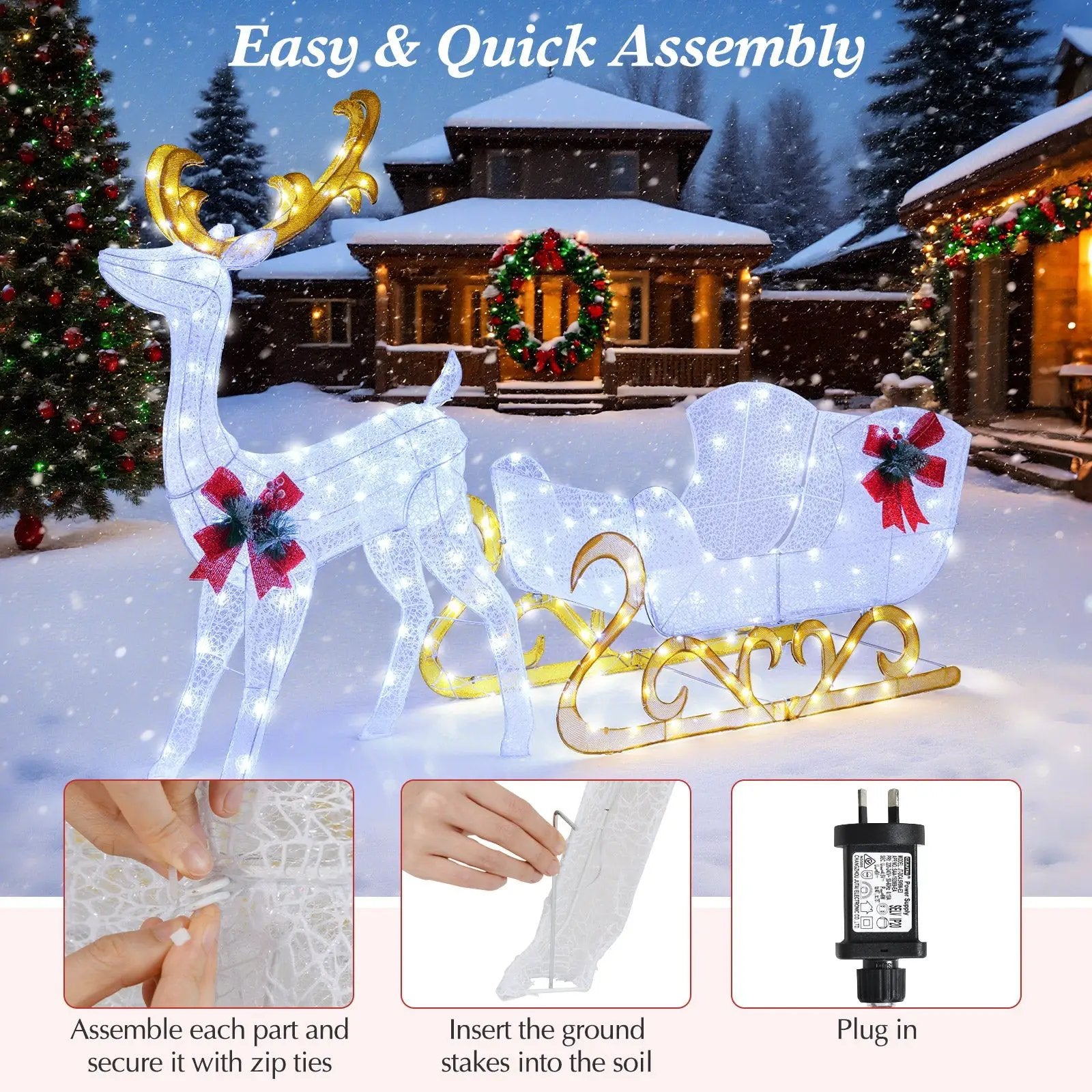 6 Feet Christmas Lighted Reindeer and Santa's Sleigh Decoration with 4 Stakes by DirectDeals