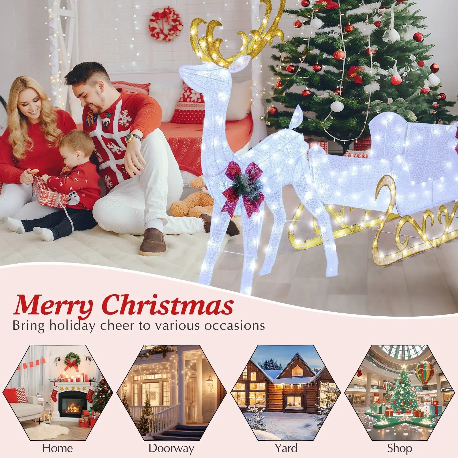 6 Feet Christmas Lighted Reindeer and Santa's Sleigh Decoration with 4 Stakes by DirectDeals