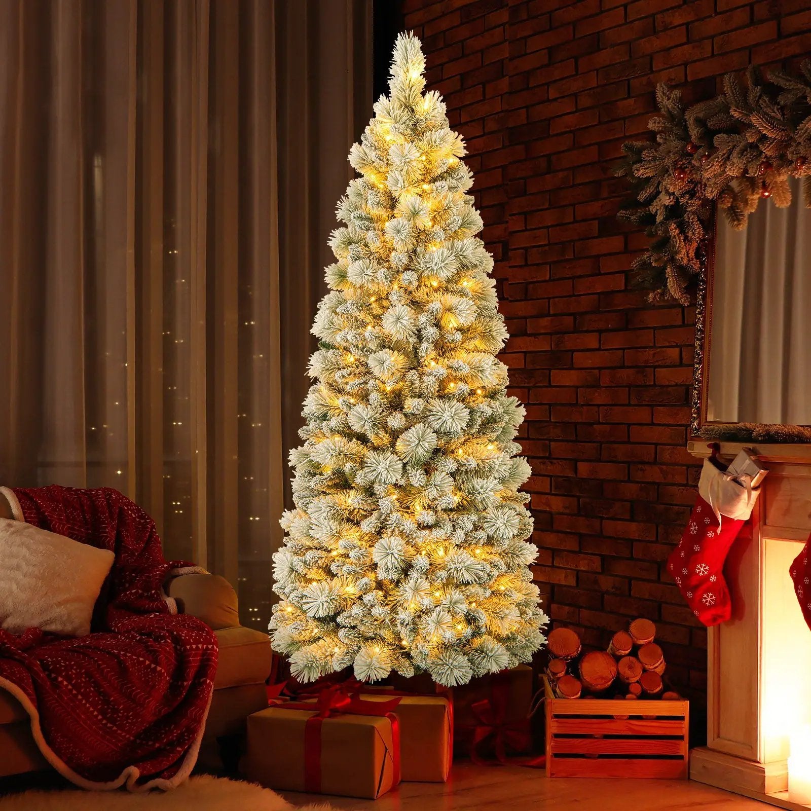 7 Feet Flocked Christmas Tree with Pine Needles and LED Lights by DirectDeals