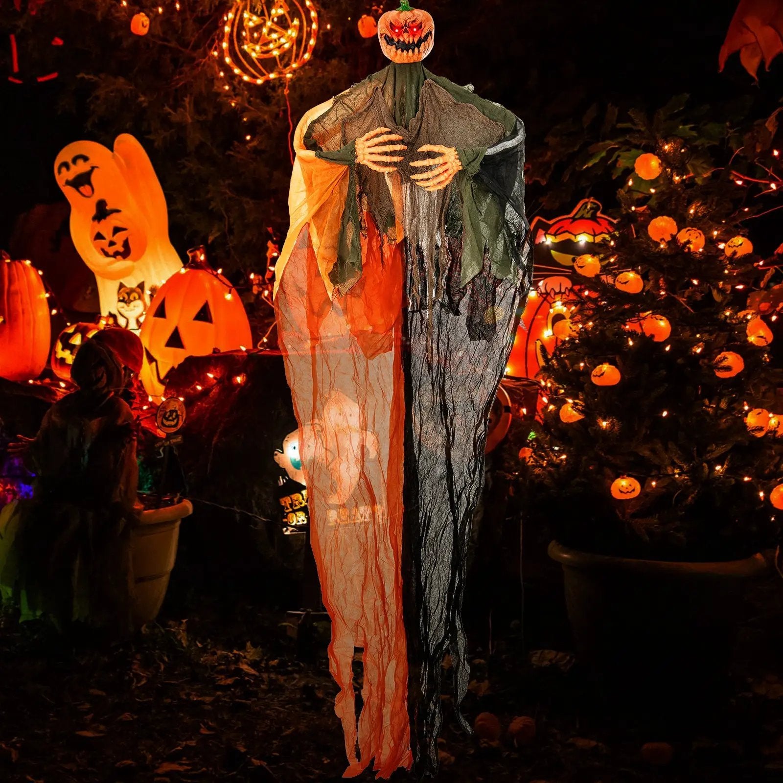 6 Feet Hanging Pumpkin Ghost with Red Glowing Eyes and Bendable Arms by DirectDeals