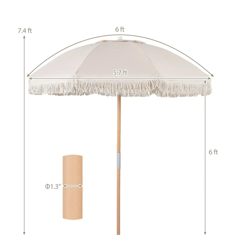 6 Feet Patio Umbrella with Fringe with Push Button Tilt and Wood Pole by DirectDeals
