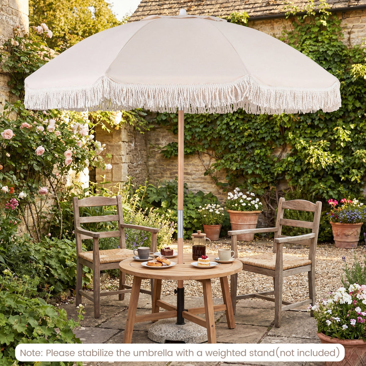6 Feet Patio Umbrella with Fringe with Push Button Tilt and Wood Pole, photo 5 of 10