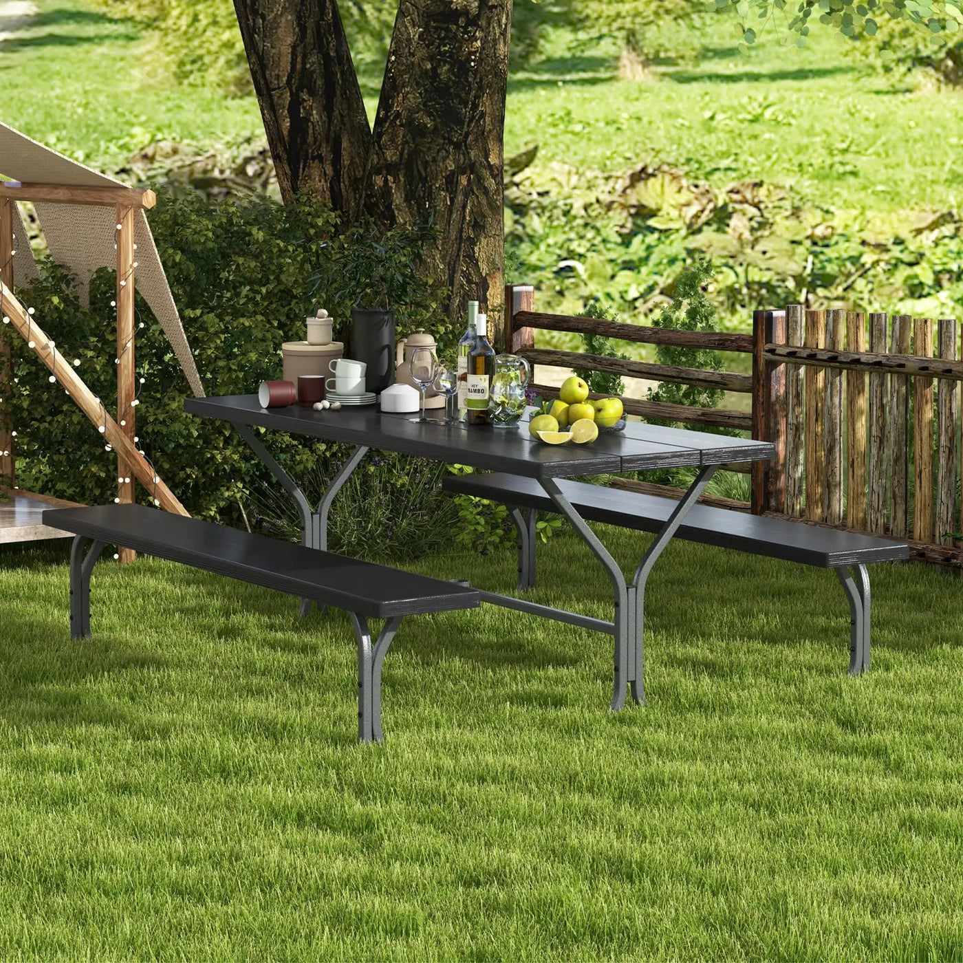 6 Feet Picnic Table Bench Set with HDPE Tabletop for 8 Person-Gray by DirectDeals