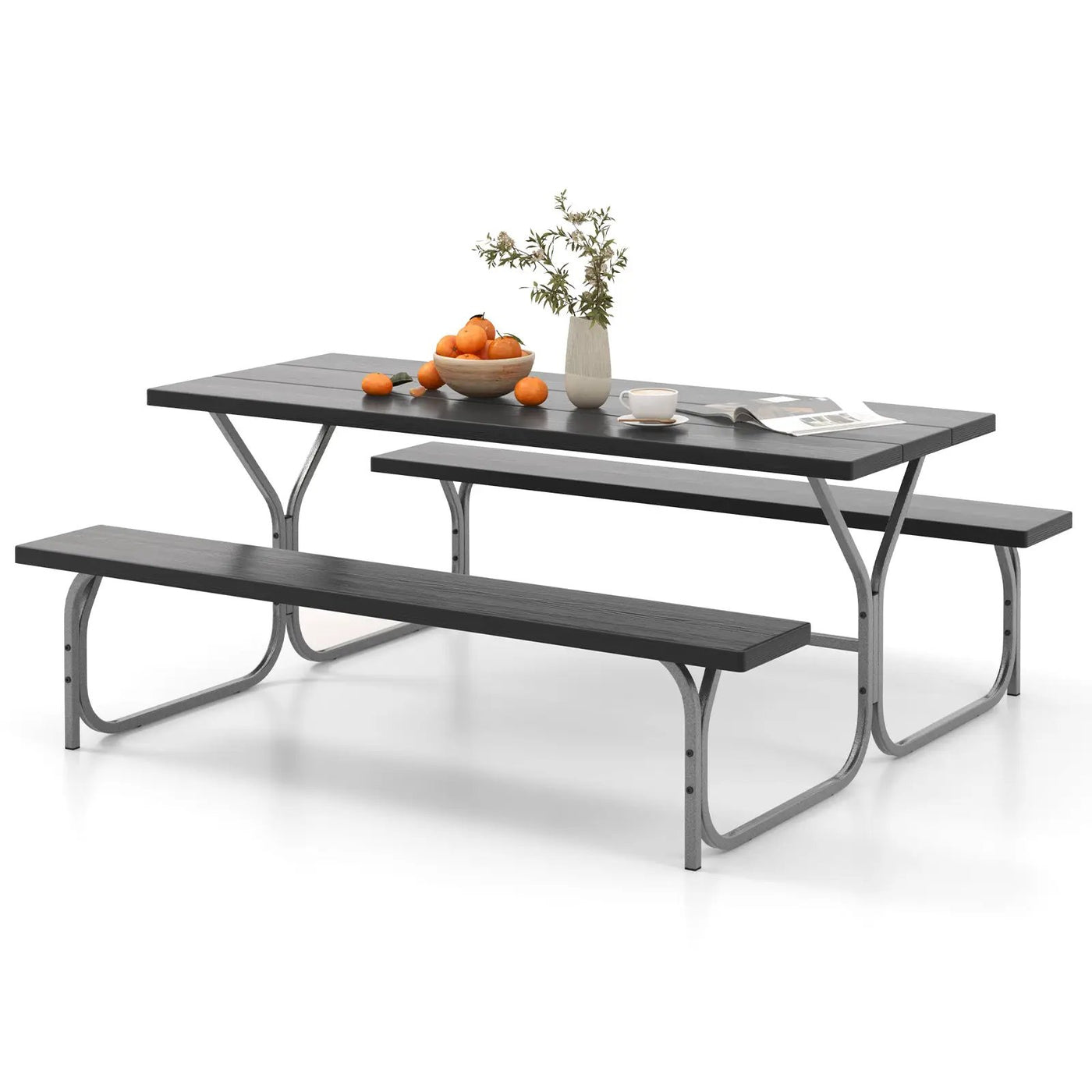 6 Feet Picnic Table Bench Set with HDPE Tabletop for 8 Person-Gray by DirectDeals