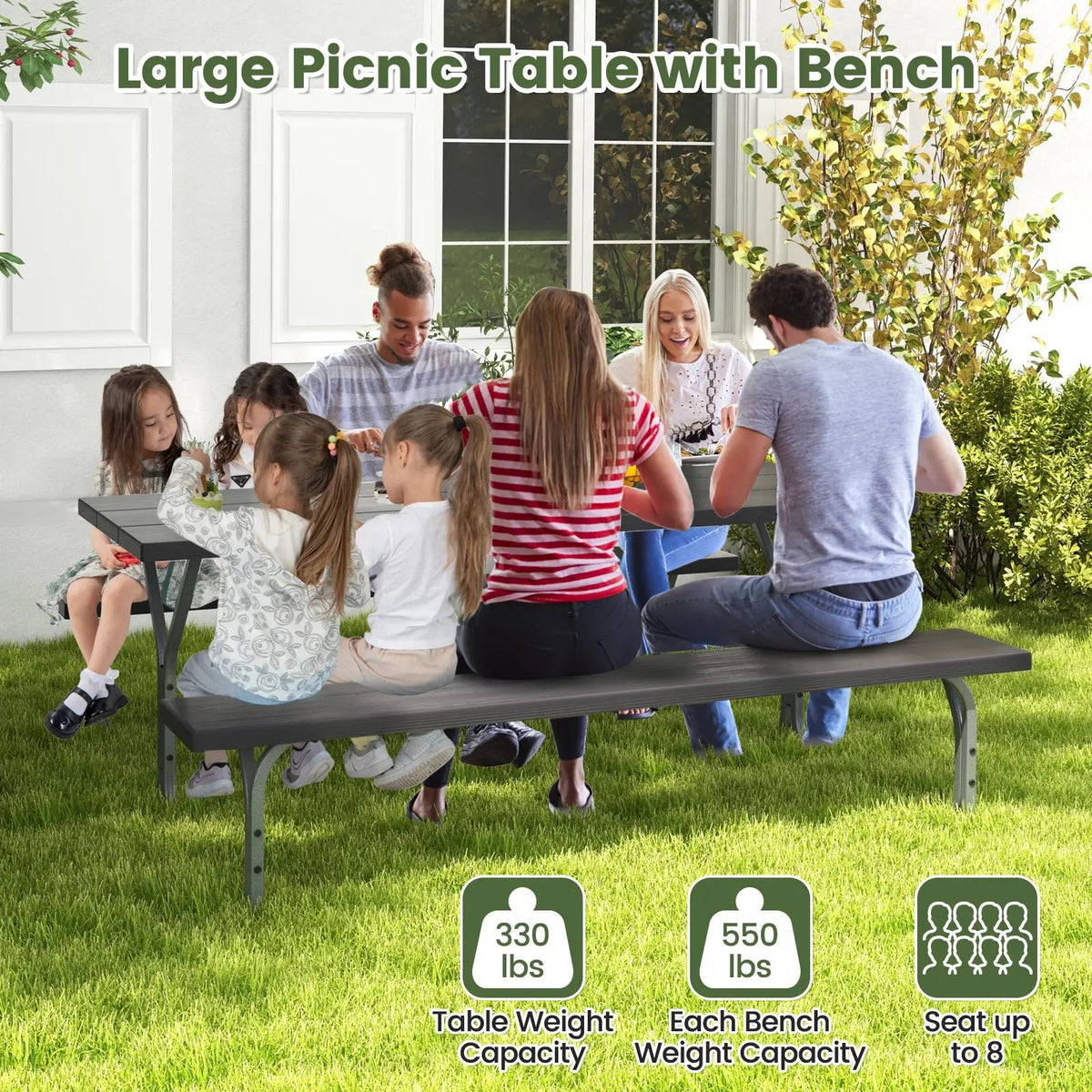 6 Feet Picnic Table Bench Set with HDPE Tabletop for 8 Person-Gray by DirectDeals