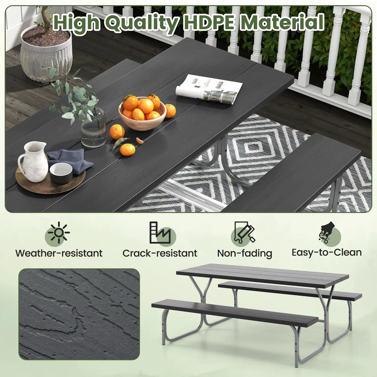 6 Feet Picnic Table Bench Set with HDPE Tabletop for 8 Person-Gray by DirectDeals