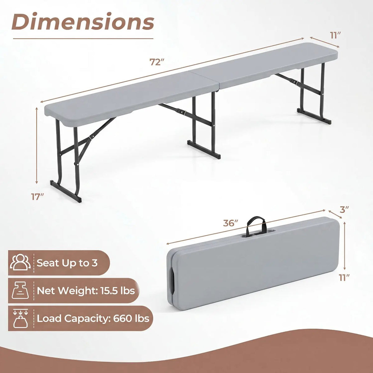 6 Foot Folding Bench with Carrying Handle - 660 lb Capacity by DirectDeals