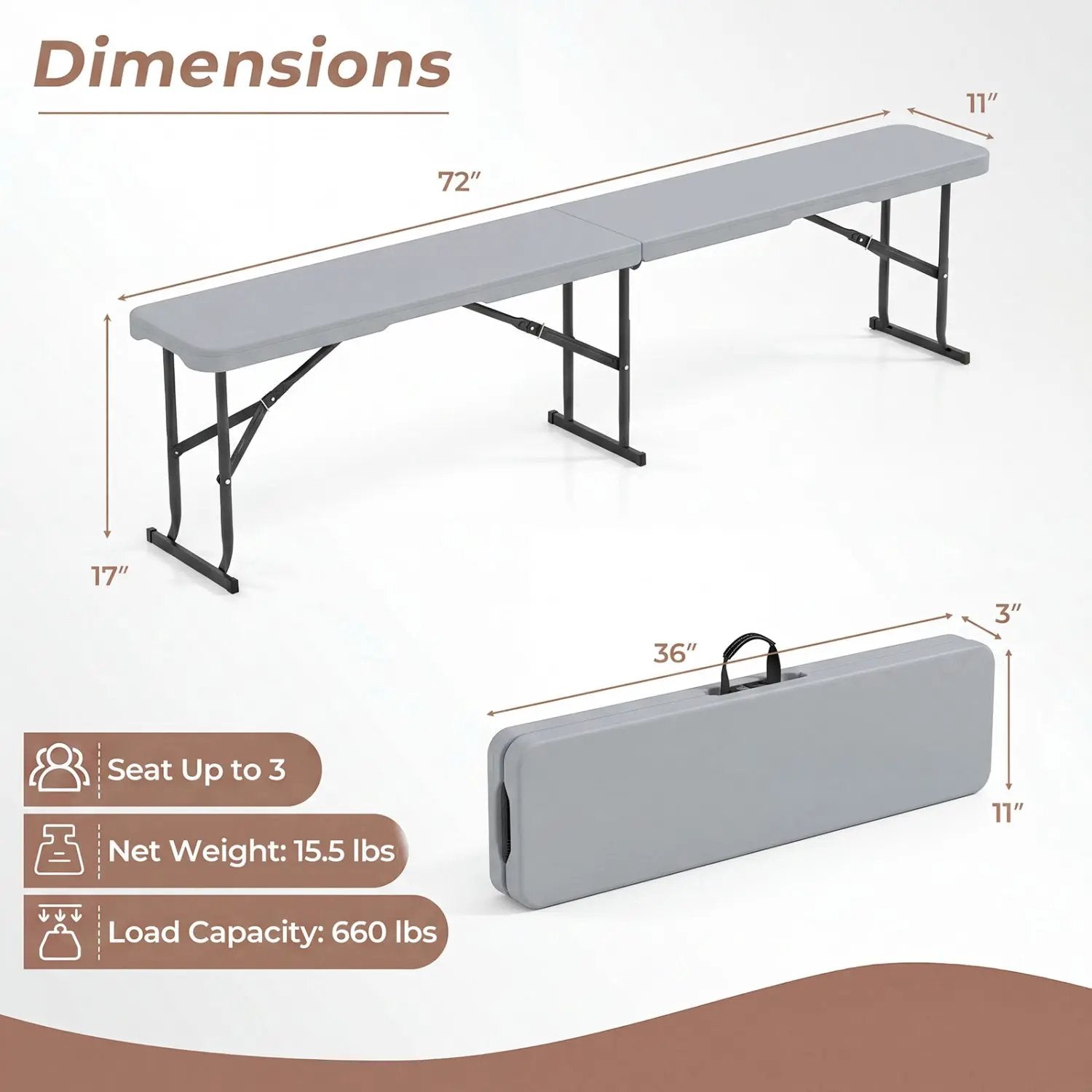 6 Foot Folding Bench with Carrying Handle - 660 lb Capacity by DirectDeals