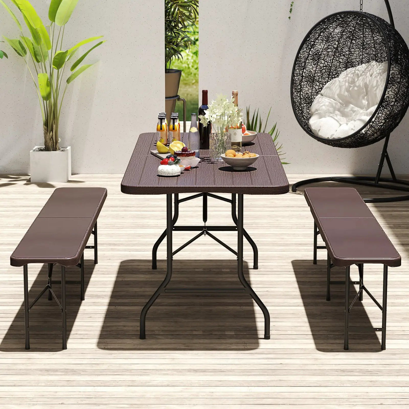 6 Feet Folding Table with Wood Grain HDPE Tabletop and Safe Lock Mechanism by DirectDeals