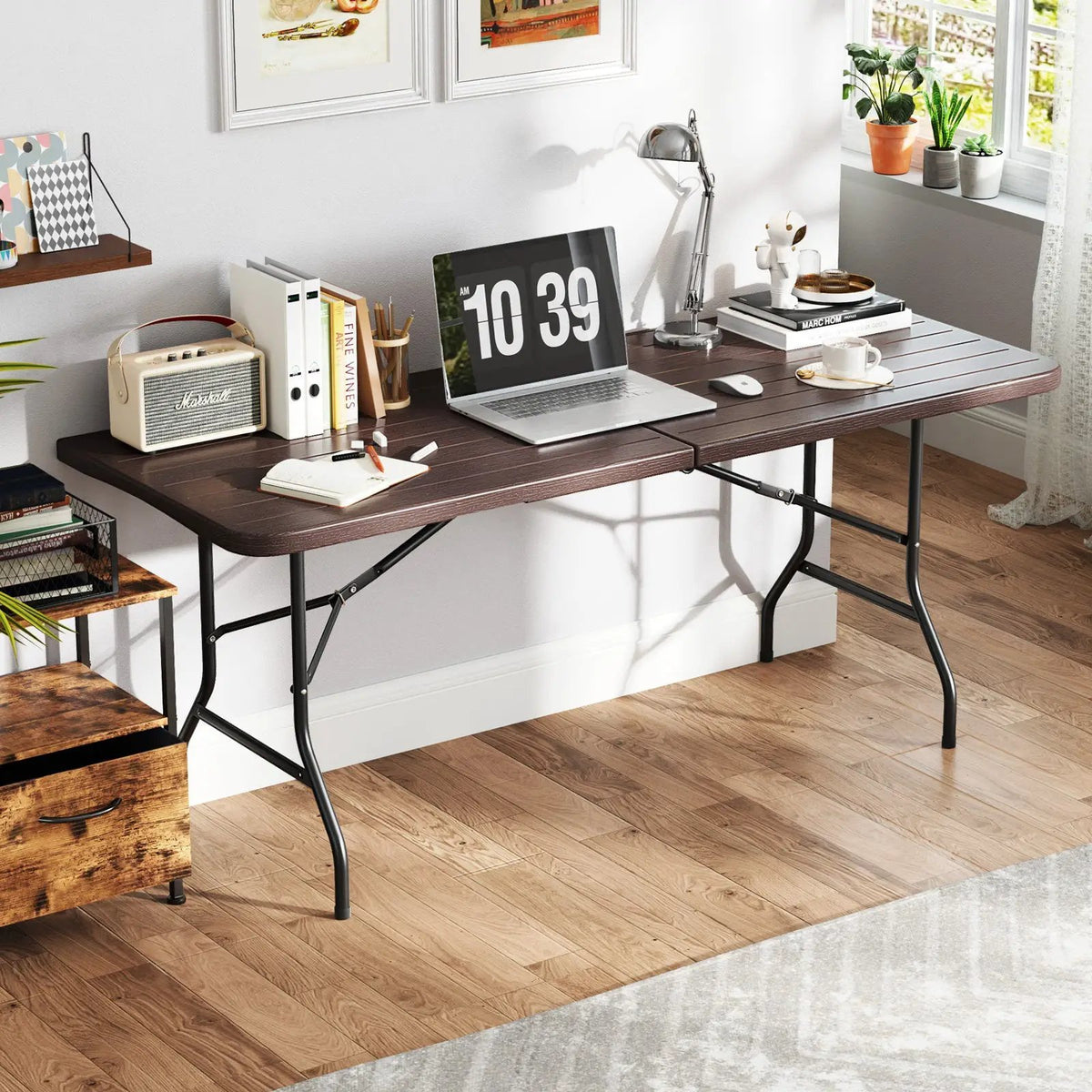 6 Feet Folding Table with Wood Grain HDPE Tabletop and Safe Lock Mechanism by DirectDeals