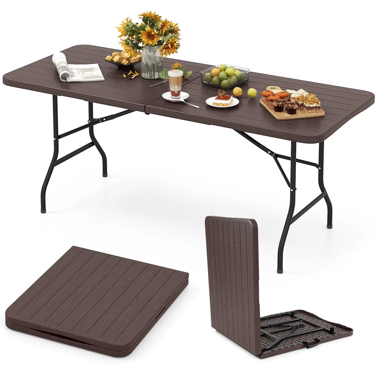 6 Feet Folding Table with Wood Grain HDPE Tabletop and Safe Lock Mechanism by DirectDeals