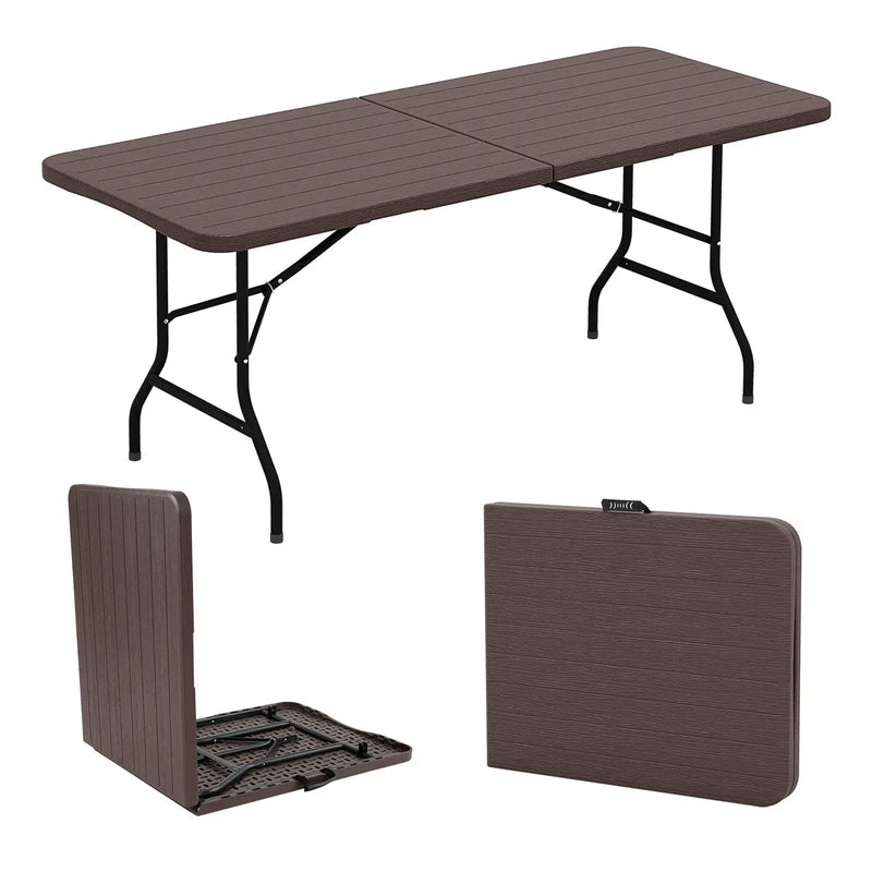 6 Feet Folding Table with Wood Grain HDPE Tabletop and Safe Lock Mechanism by DirectDeals