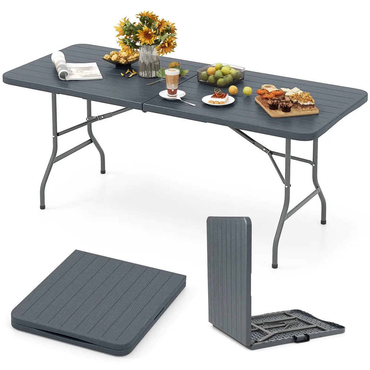6 Feet Folding Table with Wood Grain HDPE Tabletop and Safe Lock Mechanism by DirectDeals