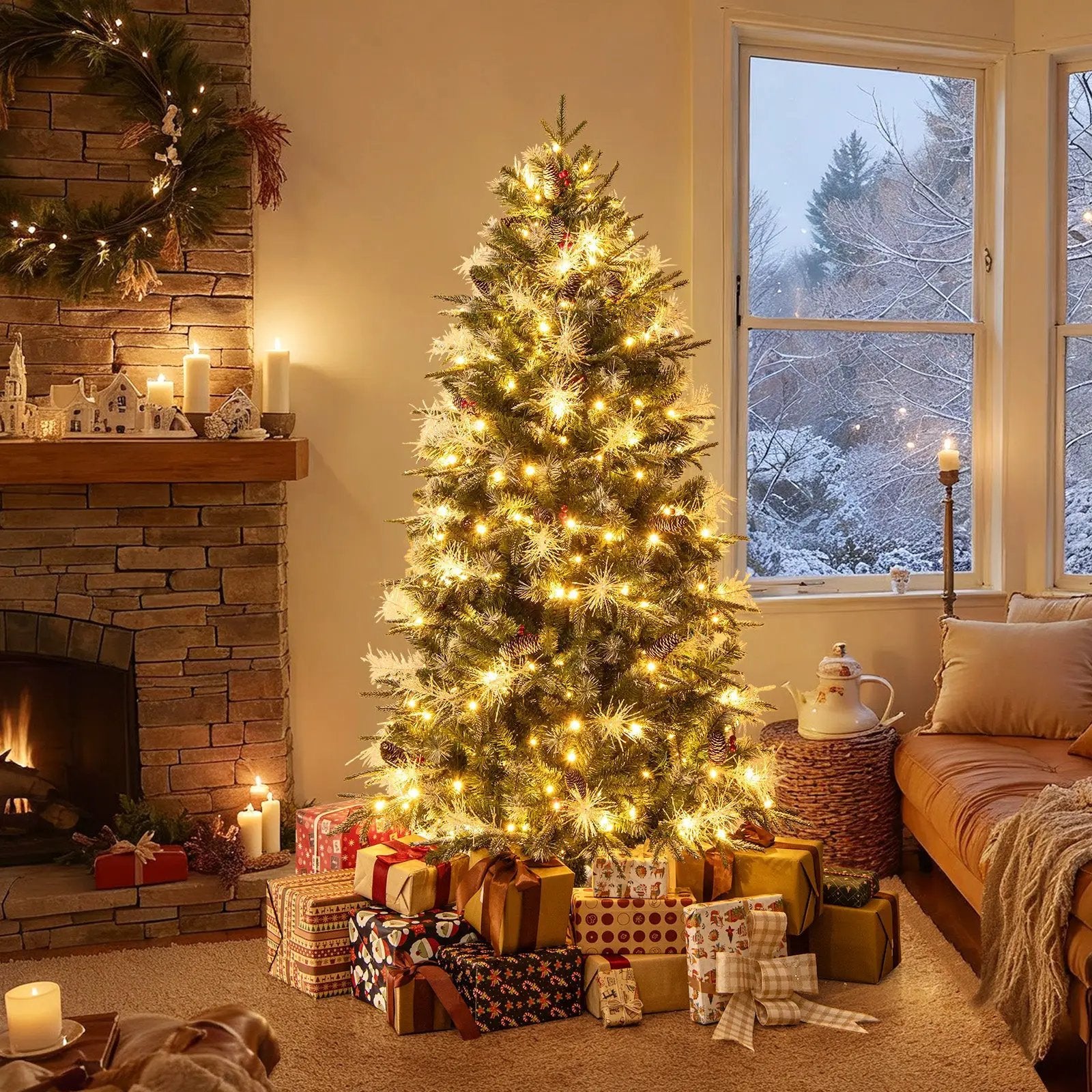 5 Feet Pre-Lit Artificial Christmas Tree with 8 Modes LED Lights with Berries by DirectDeals