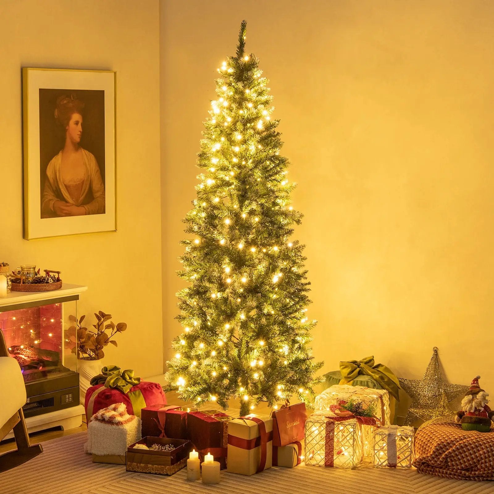 6 Feet Pre-Lit Artificial Christmas Tree with 618 Snowy Branch Tips by DirectDeals