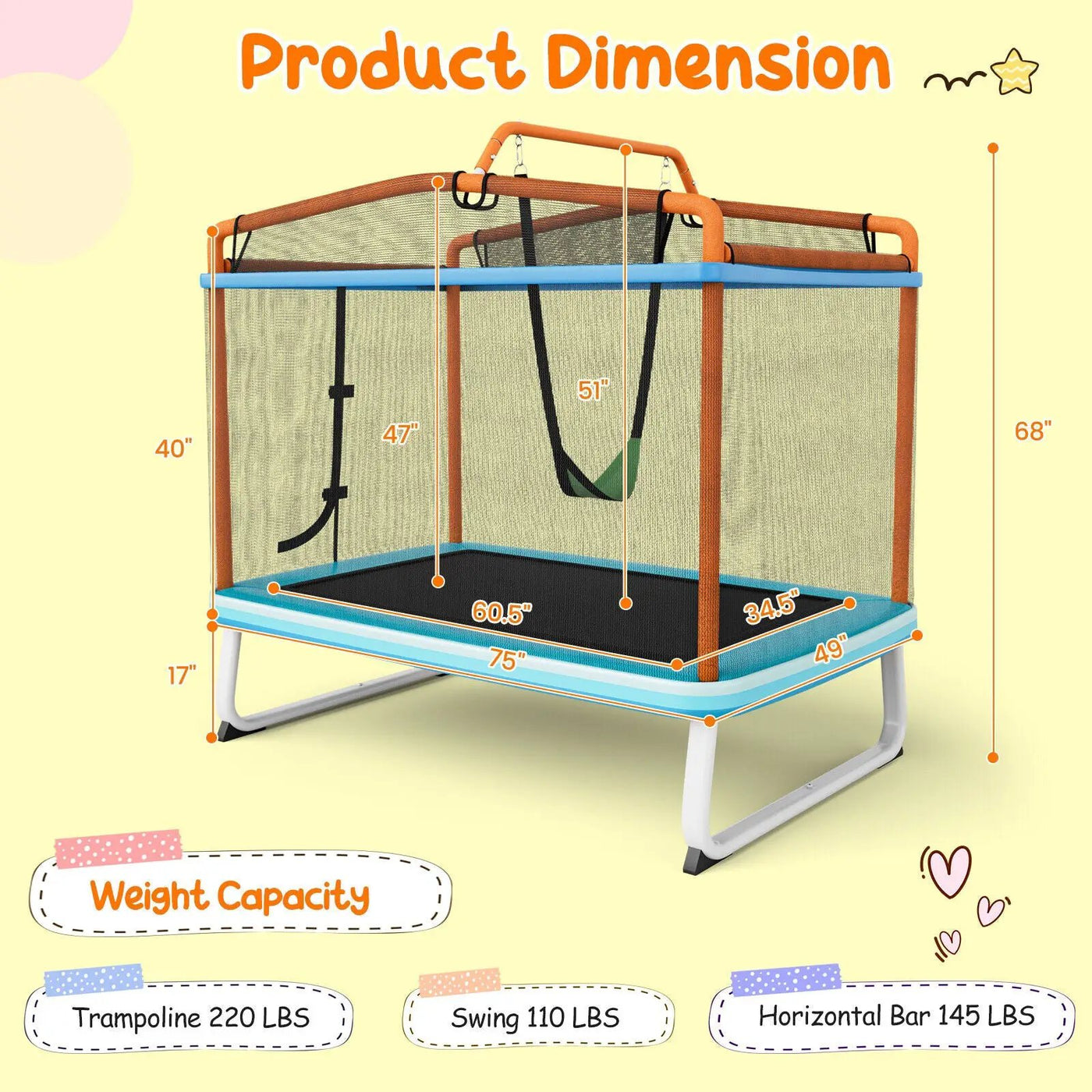 6 Feet Rectangle Trampoline with Swing Horizontal Bar and Safety Net by DirectDeals