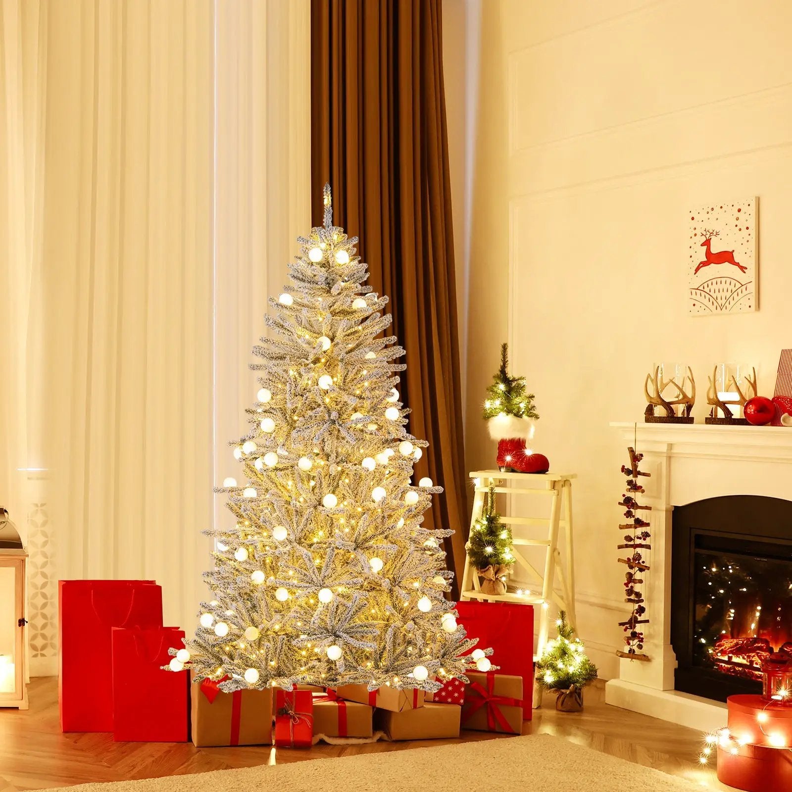 6 Feet Snow-flocked Artificial Christmas Tree Pre-lit Hinged with 81 Sphere Lights and Remote by DirectDeals