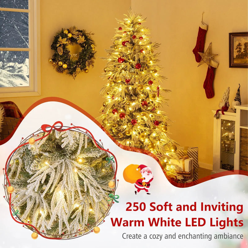 7 Feet Snow-flocked Artificial Christmas Tree Pre-lit Hinged Xmas Tree with Warm White LED Lights by DirectDeals