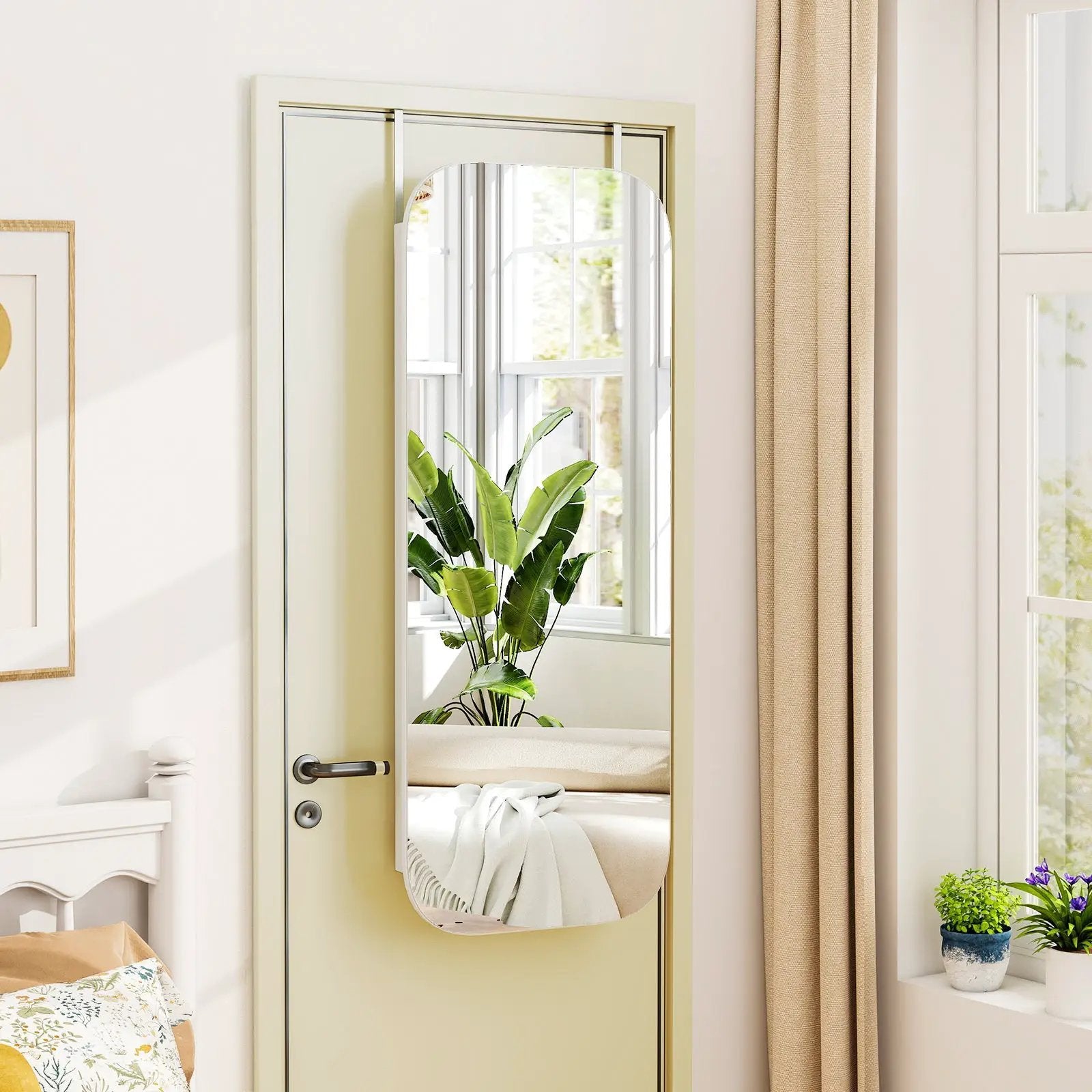 6 LEDs Mirror Jewelry Cabinet Wall or Door Mounted Lockable Jewelry Organizer-White by DirectDeals