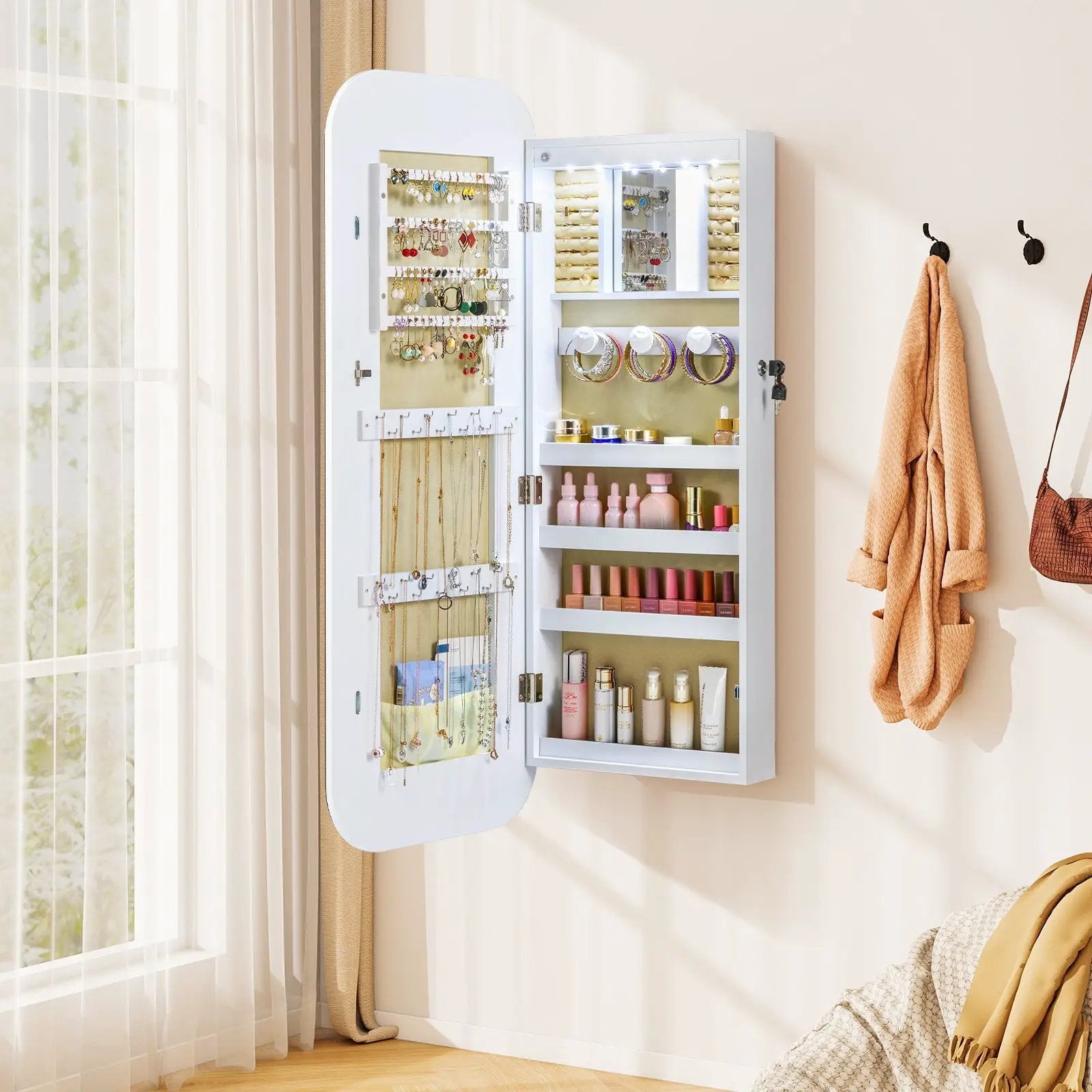 6 LEDs Mirror Jewelry Cabinet Wall or Door Mounted Lockable Jewelry Organizer-White by DirectDeals