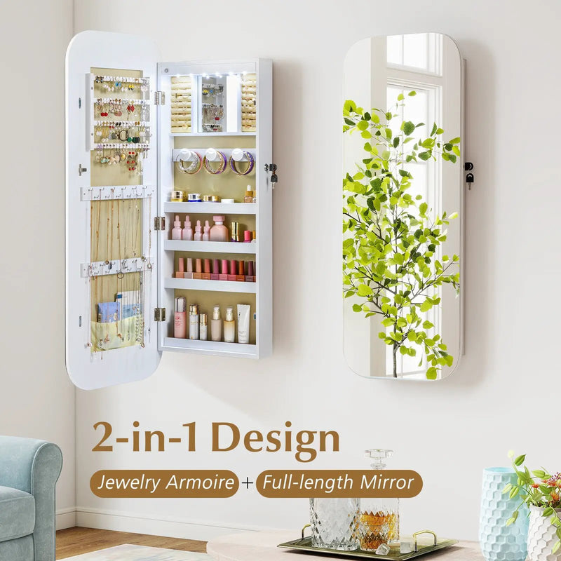 6 LEDs Mirror Jewelry Cabinet Wall or Door Mounted Lockable Jewelry Organizer-White by DirectDeals