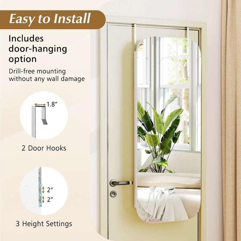 6 LEDs Mirror Jewelry Cabinet Wall or Door Mounted Lockable Jewelry Organizer-White by DirectDeals